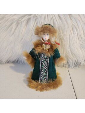 Vintage Porcelain Handpainted Russian Doll Folklore Christmas Russia Green Fur